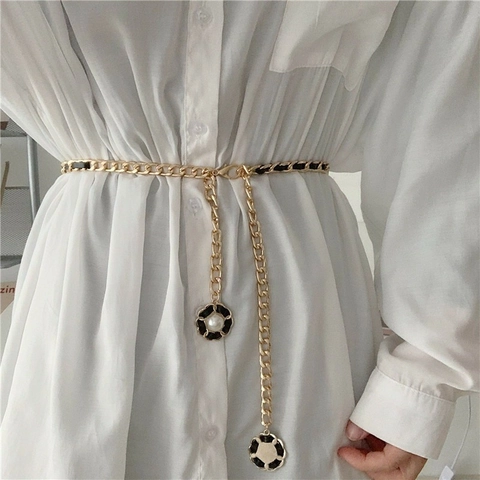 Catena da Vita Donna Stile Francese con Pendente a Camelia Cintura in Metallo Oro Intrecciato in Pelle PU con Perla Artificiale
