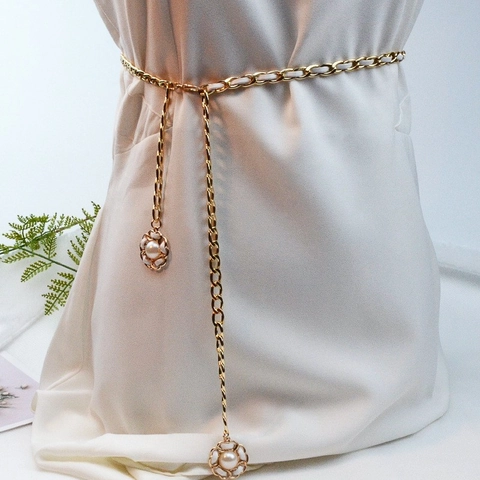 Catena da Vita Donna Stile Francese con Pendente a Camelia Cintura in Metallo Oro Intrecciato in Pelle PU con Perla Artificiale