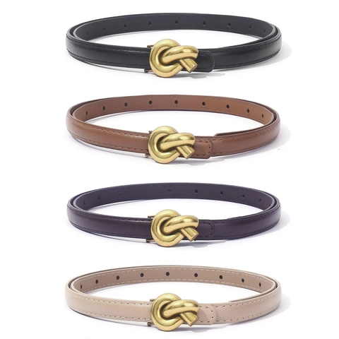 Women Retro Minimalist Skinny PU Leather Belt Gold Knot Metal Buckle Versatile Thin Waist Belt For Dress Coat Fashion Accessory