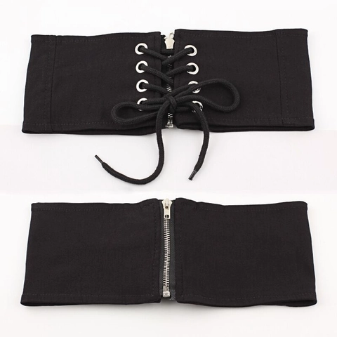 Dames Mode Brede Korset Riem Zwart Vetersluiting Lichaamsvormer Taille Met Rits Metalen Oogjes Decoratieve Riem Voor Shirt