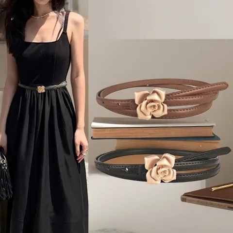 Cintura Sottile da Donna Con Fibbia Rosa Oro Vintage in Pelle Artificiale Cinturino Decorativo per Abiti Cappotti