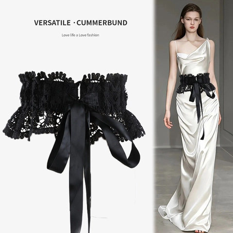 Women's Lace Corset Belt Wide Elastic Waist Cincher Vintage Floral Hollow Out With Satin Ribbon Bow For Dress Coat Ladies Waistband