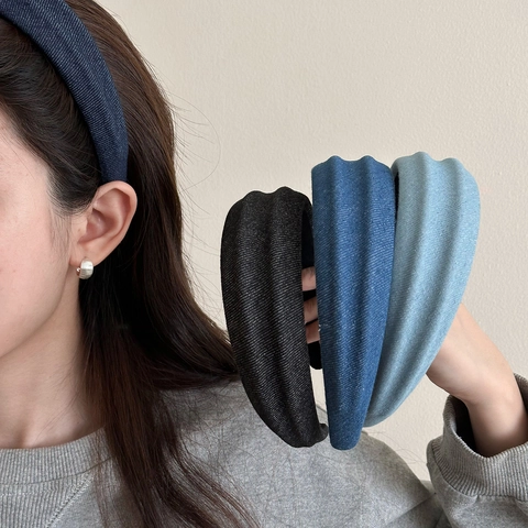 Diadema Para Mujer Estilo Coreano Ala Ancha Tela Mezclilla Minimalista Textura Sarga Color Sólido Accesorio Para El Cabello Moda