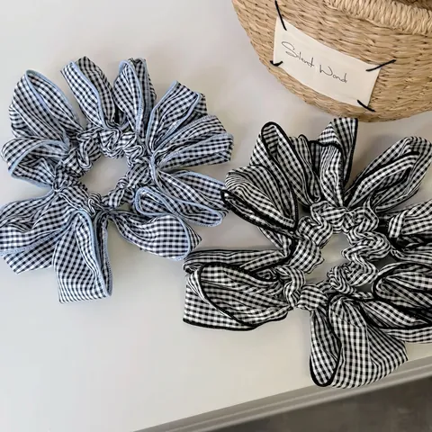 Scrunchie Grande in Tessuto Gingham Stile Coreano Fiocco Elastico per Capelli Accessorio per Capelli Vintage Donna Ragazze