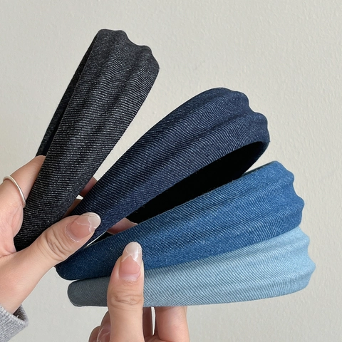 Diadema Para Mujer Estilo Coreano Ala Ancha Tela Mezclilla Minimalista Textura Sarga Color Sólido Accesorio Para El Cabello Moda