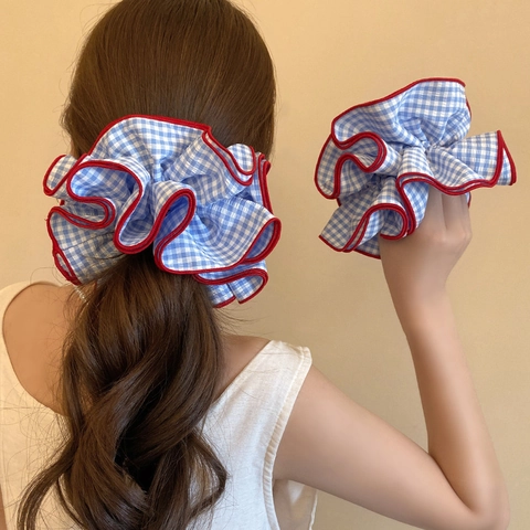 Vintage Coreano Gingham Blu Oversize Elastico Per Capelli Bordino Rosso Contrasto Tessuto Fermacoda Per Capelli Donna Gioielli