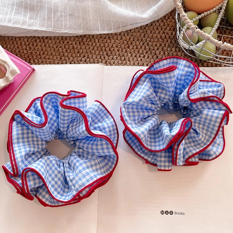 Vintage Coreano Gingham Blu Oversize Elastico Per Capelli Bordino Rosso Contrasto Tessuto Fermacoda Per Capelli Donna Gioielli