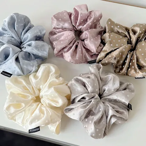 Polka Dot Satin Scrunchie Large Elastic Hair Tie Flocked Satin Like Band For Women Minimalist Korean Style Hair Accessory