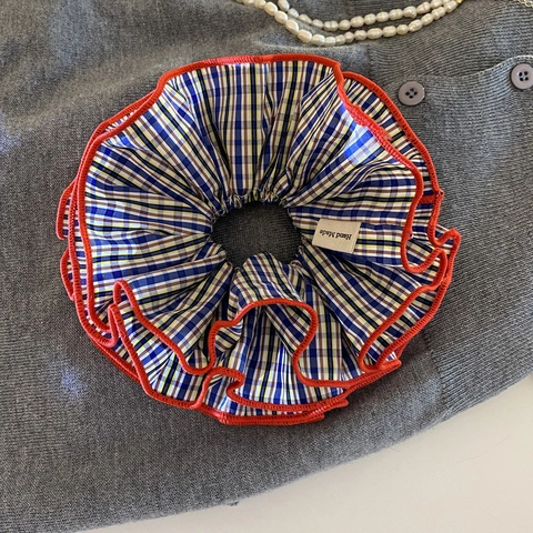 Elastico per Capelli Scrunchie Vintage a Quadri per Donna Ragazza Fatto a Mano in Tessuto Con Bordo Rosso a Onde