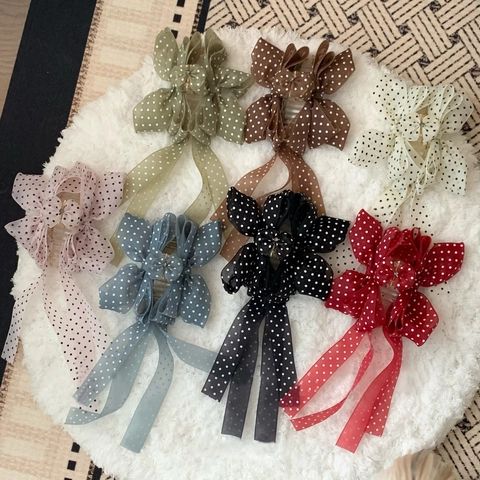 Dulce Pinza para el Pelo con Lazo de Lunares y Cintas Largas Accesorios para el Pelo Retro Francés para Mujer Tocado Elegante