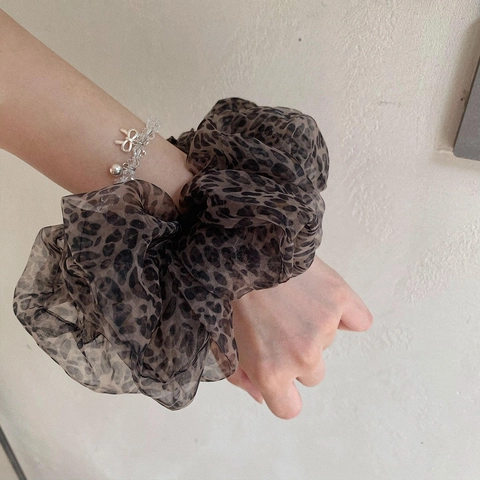 Korean Style Oversized Leopard Print Mesh Scrunchie Fluffy Tulle Hair Tie Retro Elastic Hair Band For Ponytail Accessories