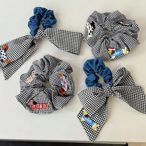 Coleteros de Lazo Gingham con Parche de Perro Lindo para Mujer Niñas Estilo Coreano Dulce Gomas para el Pelo Accesorios para el Cabello