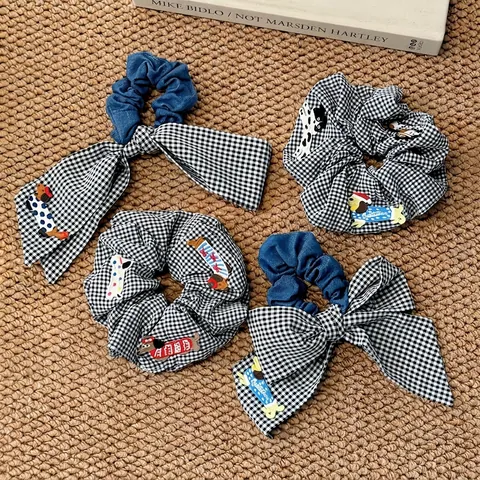 Coleteros de Lazo Gingham con Parche de Perro Lindo para Mujer Niñas Estilo Coreano Dulce Gomas para el Pelo Accesorios para el Cabello