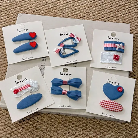 Retro Denim Red Heart Hair Clips For Girls Sweet Plaid Gingham Bow Knot Hairpins Handmade Cotton Fabric BB Clips Headwear
