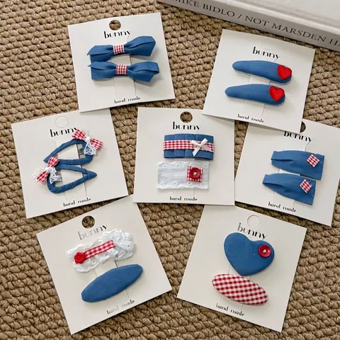 Retro Denim Red Heart Hair Clips For Girls Sweet Plaid Gingham Bow Knot Hairpins Handmade Cotton Fabric BB Clips Headwear