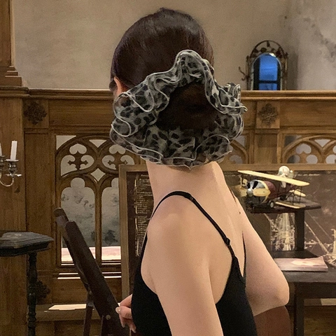 Elegante Scrunchie in Rete con Stampa Leopardata Grande per Donna Stile Coreano Raffinato Bordo a Volant Elastico per Capelli Accessori Quotidiana