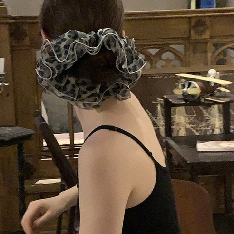 Elegante Scrunchie in Rete con Stampa Leopardata Grande per Donna Stile Coreano Raffinato Bordo a Volant Elastico per Capelli Accessori Quotidiana