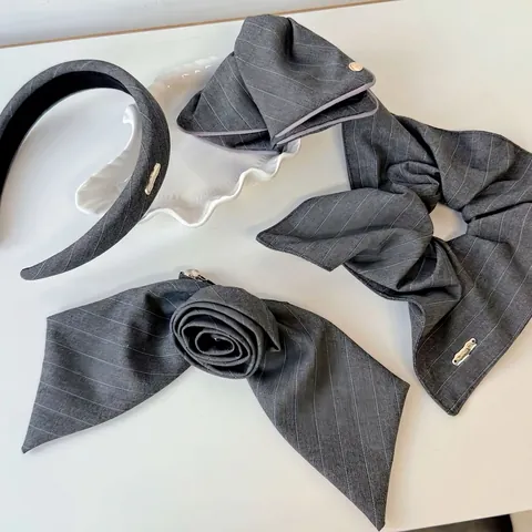 Korean Style Grey Striped Fabric Hair Accessories Handmade Rose Flower Hair Claw Scrunchie Headband For Women Styling