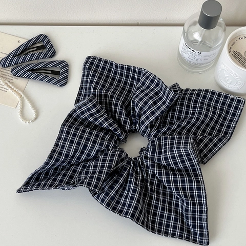 Korean Style Plaid Bow Scrunchie Large Fabric Hair Tie And Blue White Striped Triangle BB Clip Handmade Hair Accessories For Women