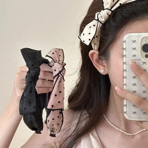 Französischer Haarreif Mit Polka Dot Schleife Für Damen Süßer Sanfter Stil Stoff Haarband Elegantes Haar-Accessoire