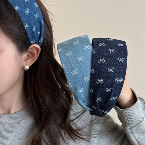 Women Retro Denim Fabric Hairband With White Bowknot Print Korean Style Wide Headband Daily Fashion Hair Accessories