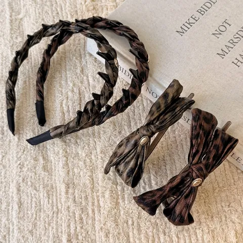 Accessori Per Capelli Eleganti Da Donna Con Fermaglio Per Capelli A Fiocco Con Stampa Leopardata E Cerchietto In Raso