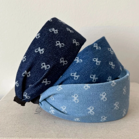 Women Retro Denim Fabric Hairband With White Bowknot Print Korean Style Wide Headband Daily Fashion Hair Accessories