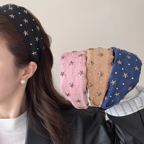 Cerchietti Larghi Vintage con Borchie a Stella per Donna in Tessuto Simil Scamosciato Accessori Capelli Retro Punk per Uso Quotidiano