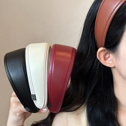 Vintage Padded PU Leather Headband For Women Wide Solid Color Faux Leather Hair Band Thick Hair Hoop Daily Fashion Accessories
