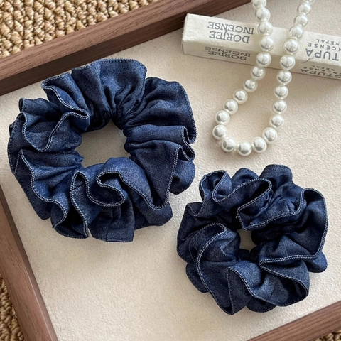 Scrunchies Plissettati in Denim Vintage Coreano Cuciture a Contrasto Alta Elasticità Elastici per Capelli da Donna Accessori Quotidiani