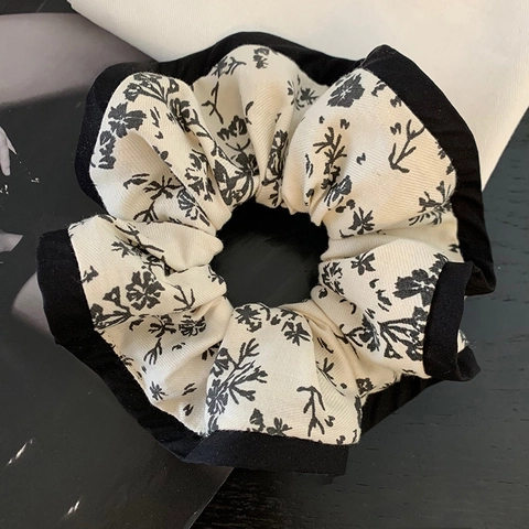 Orecchini Grandi in Tessuto Scrunchie in Stile Francese Vintage con Stampa Floreale Bianca e Nera Elastico per Capelli da Donna Accessori