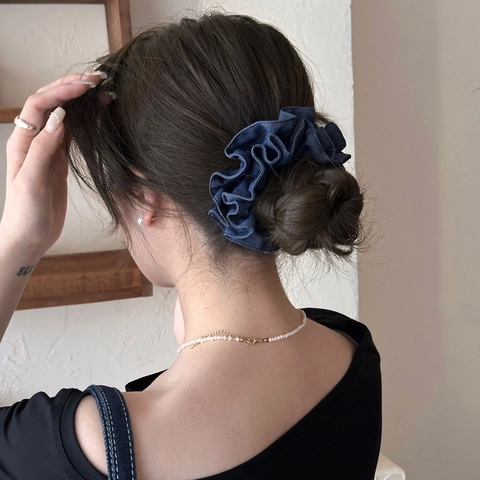 Scrunchies Plissettati in Denim Vintage Coreano Cuciture a Contrasto Alta Elasticità Elastici per Capelli da Donna Accessori Quotidiani
