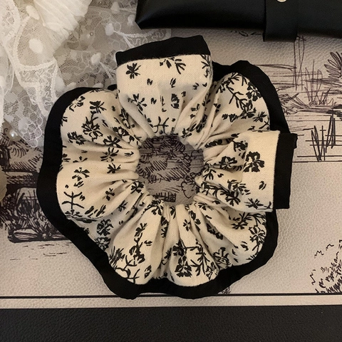Orecchini Grandi in Tessuto Scrunchie in Stile Francese Vintage con Stampa Floreale Bianca e Nera Elastico per Capelli da Donna Accessori