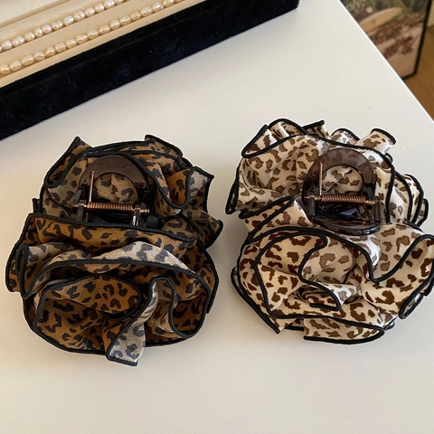 Vintage Haarklammer Mit Leopardenmuster Und Blumen Retro Chiffon Stoff Floral Große Haarkralle Für Damen Styling Zubehör