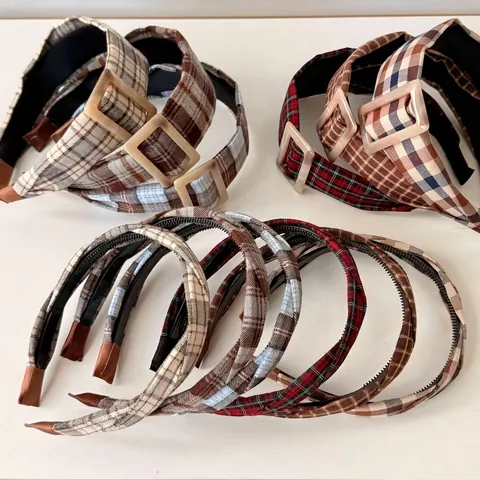 Vintage British Style Plaid Fabric Headband For Women Retro Square Buckle Non-Slip Preppy Style Fashion Hair Accessories
