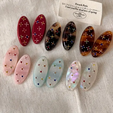 French Vintage Oval Acrylic Hair Clip Women Colorful Rhinestone Duckbill Clip Sweet Side Bangs Fashion Hair Accessory
