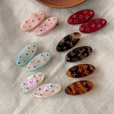 French Vintage Oval Acrylic Hair Clip Women Colorful Rhinestone Duckbill Clip Sweet Side Bangs Fashion Hair Accessory