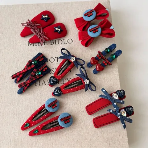 Dolci Mollette per Capelli con Fiocco Serie Rossa Blu per Donna Carina Clip BB con Ciliegie e Strass Accessori per Capelli Stile Coreano