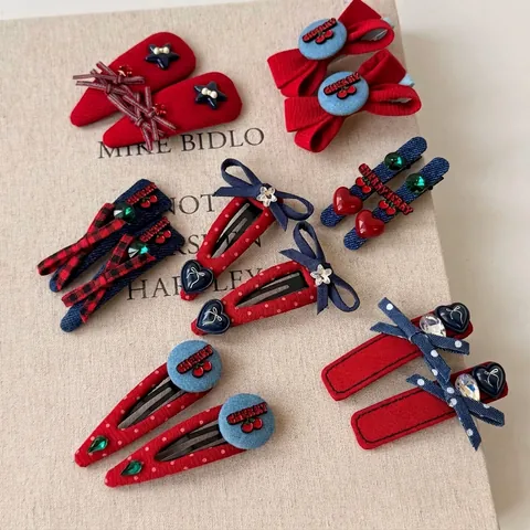 Dolci Mollette per Capelli con Fiocco Serie Rossa Blu per Donna Carina Clip BB con Ciliegie e Strass Accessori per Capelli Stile Coreano