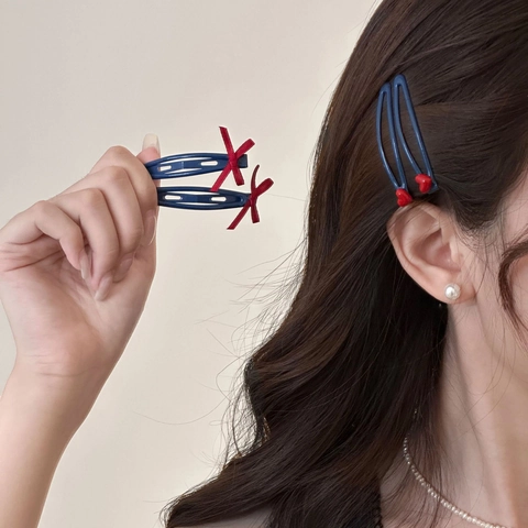 Douces Barrettes à Cheveux Snap Bleu Marine Rouge Cœur Nœud Style Coréen Vintage Métal Peint Pinces BB pour Femmes Filles Accessoires Cheveux