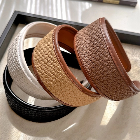 Diadema de Ala Ancha con Textura Tejida Retro para Mujer Borde de Piel Sintética Vintage Color Sólido Elegante Accesorio Pelo