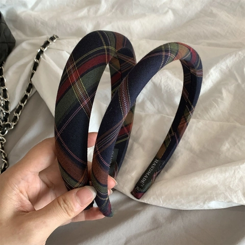 Cerchietto a Quadri Stile Britannico Vintage per Donna Blu Scuro Tartan Tessuto Fascia Capelli Fatto a Mano Preppy Accessori