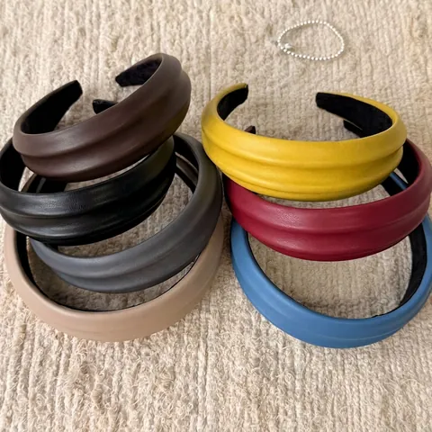 Korean Style Padded PU Leather Wide Headband For Women Vintage Solid Color Ridged Retro Fashion Hair Accessories Hairbands