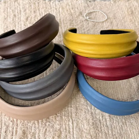 Korean Style Padded PU Leather Wide Headband For Women Vintage Solid Color Ridged Retro Fashion Hair Accessories Hairbands