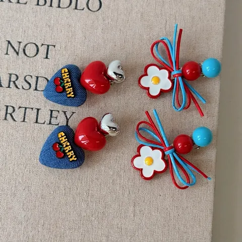 Pinza para el Pelo Dulce Contraste de Color Flor Lazo Corazón Mezclilla Bordado Cereza Pico de Pato Accesorios para el Cabello Mujer Niña