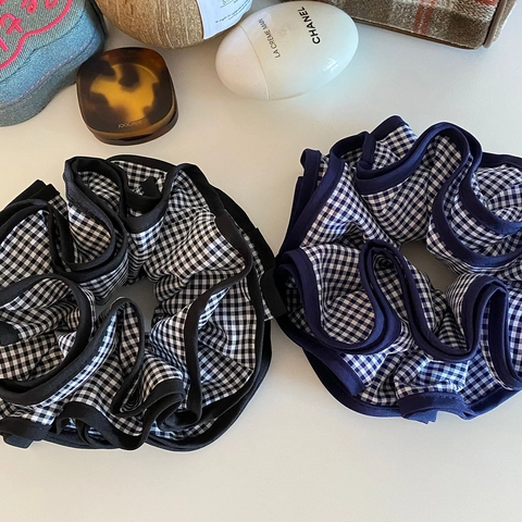 Vintage Koreaans Geruit Grote Scrunchies Polyester Geplooid Haarelastiekjes Oversized Geruite Elastische Haarbanden Voor Dames