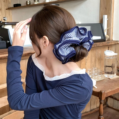 Vintage Koreaans Geruit Grote Scrunchies Polyester Geplooid Haarelastiekjes Oversized Geruite Elastische Haarbanden Voor Dames