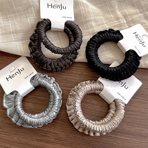 Coleteros de Satén Plisados Coreanos de Alta Elasticidad para Mujer Color Sólido Suave Gomas para el Pelo Temperamento