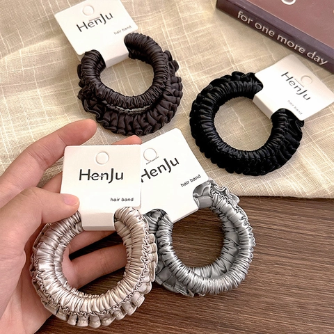Coleteros de Satén Plisados Coreanos de Alta Elasticidad para Mujer Color Sólido Suave Gomas para el Pelo Temperamento
