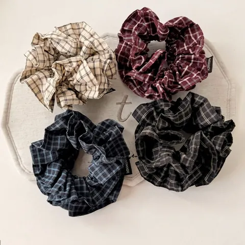 Vintage Plaid Cloth Scrunchies Women Retro Checkered Fabric Hair Ties Double Layer Handmade Elastic Hair Bands Accessory